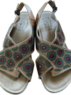 Artiste spring step Leather Slingback Sandals tan green and red Sz 39(US 8-8.5